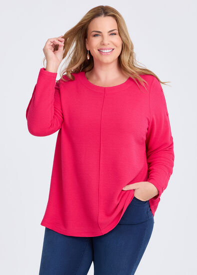 Plus Size French Rib Button Detail Top