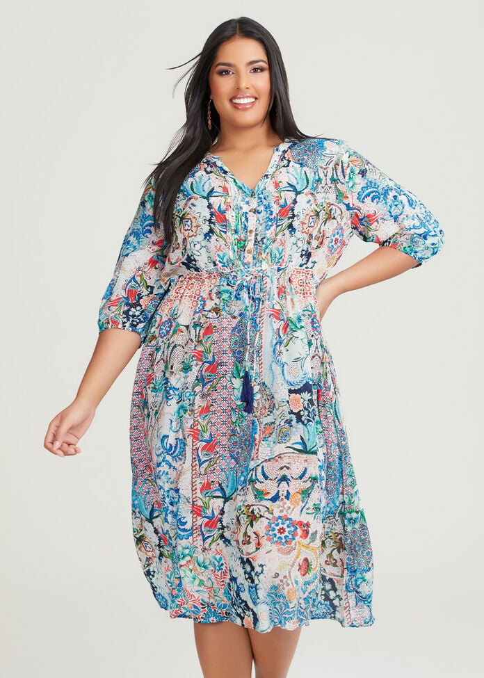 Shop Plus Size Natural Oasis Tie Waist Dress in Multi | Taking Shape AU