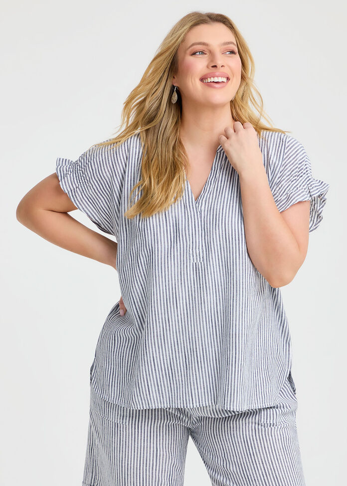 Cotton Linen Notch Neck Top, , hi-res