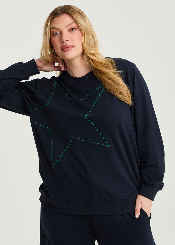 Cotton Embroidery Star Sweatshirt, , hi-res