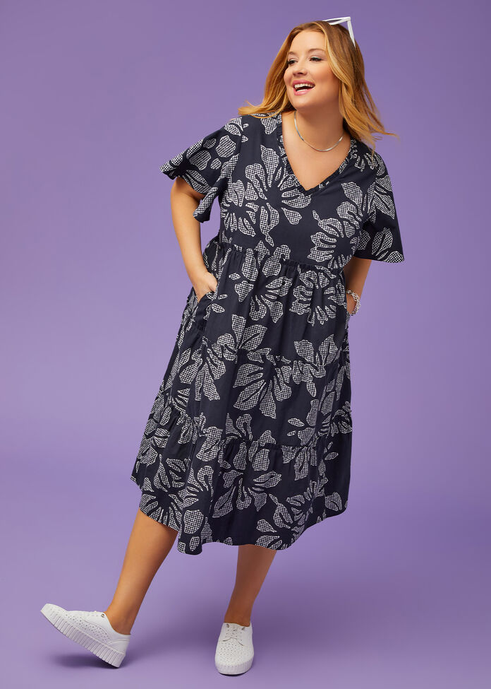 Cotton Floral Gingham Dress, , hi-res