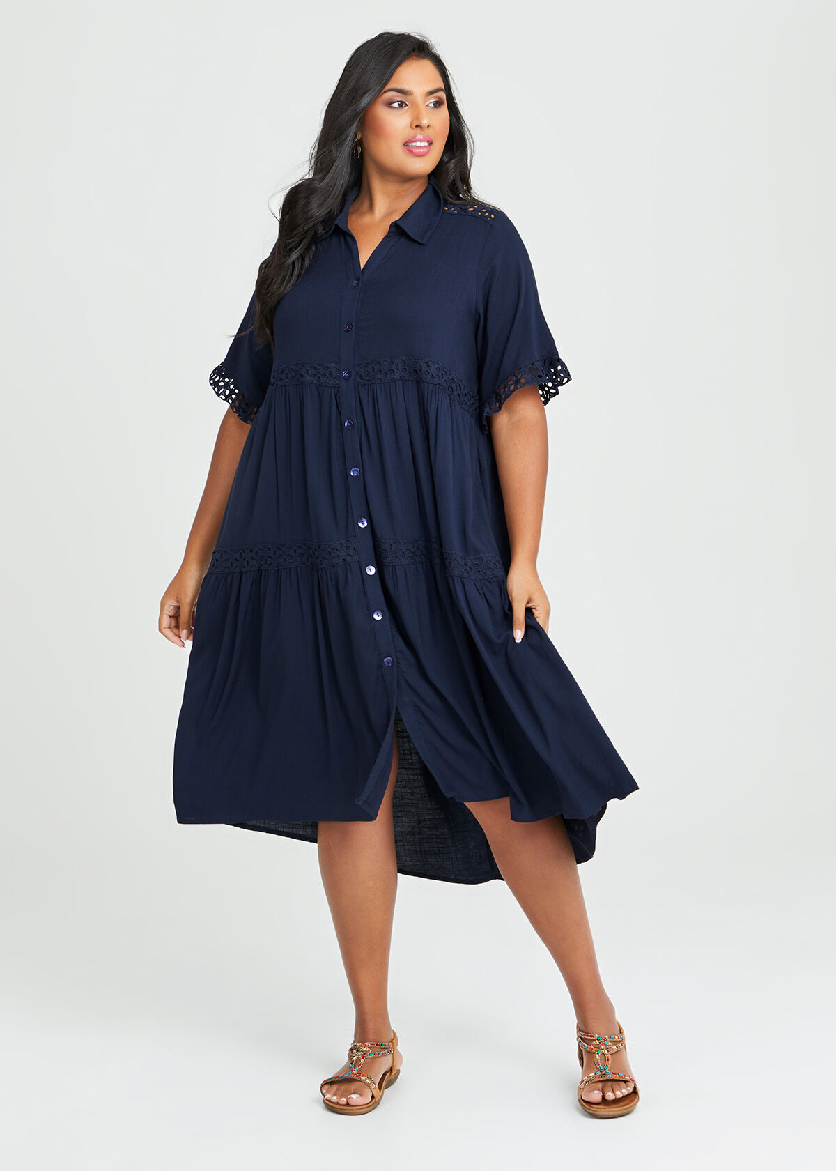Shop Plus Size Eyelet Natural Shirt Dress in Blue Taking Shape UK