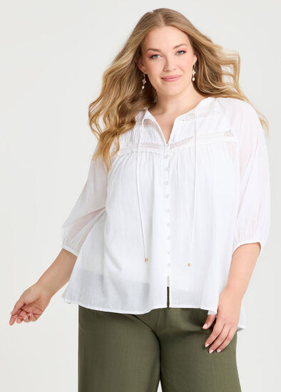 Plus Size Cotton Lace Trim Pintuck Top