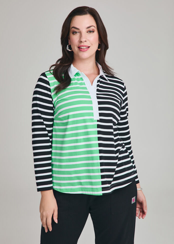 Cotton Mix Stripe Polo Top, , hi-res