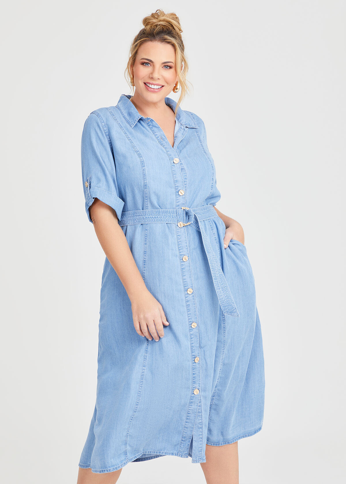 Shop Plus Size Chambray Button Through Dress in Blue Taking Shape AU
