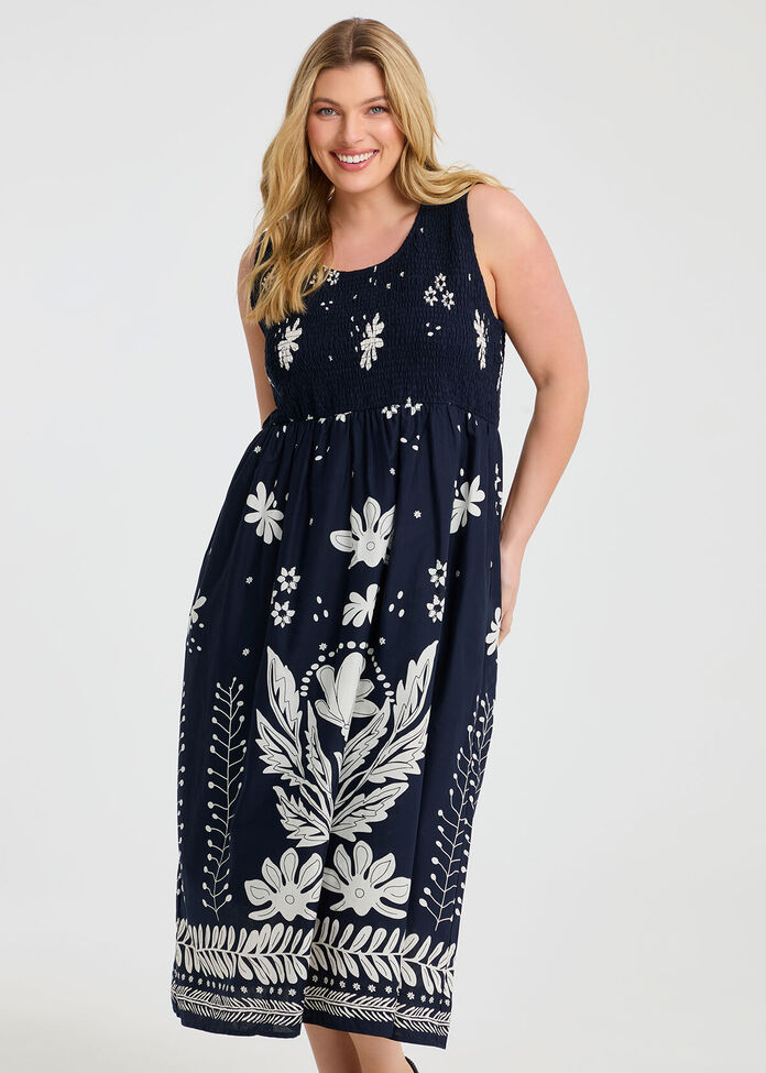Cotton Shirred Floral Dress, , hi-res