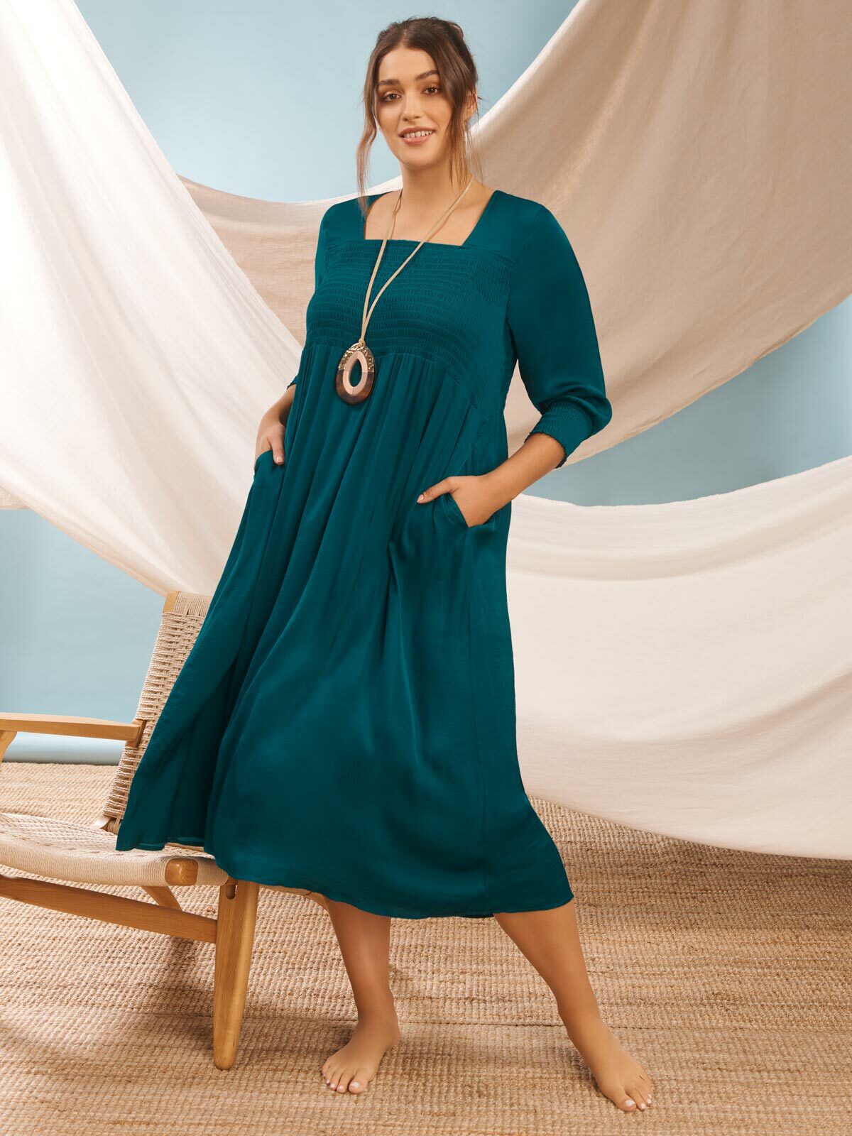 Shop Plus Size Luxe Grecian Shirring Dress, Blue | Taking Shape NZ