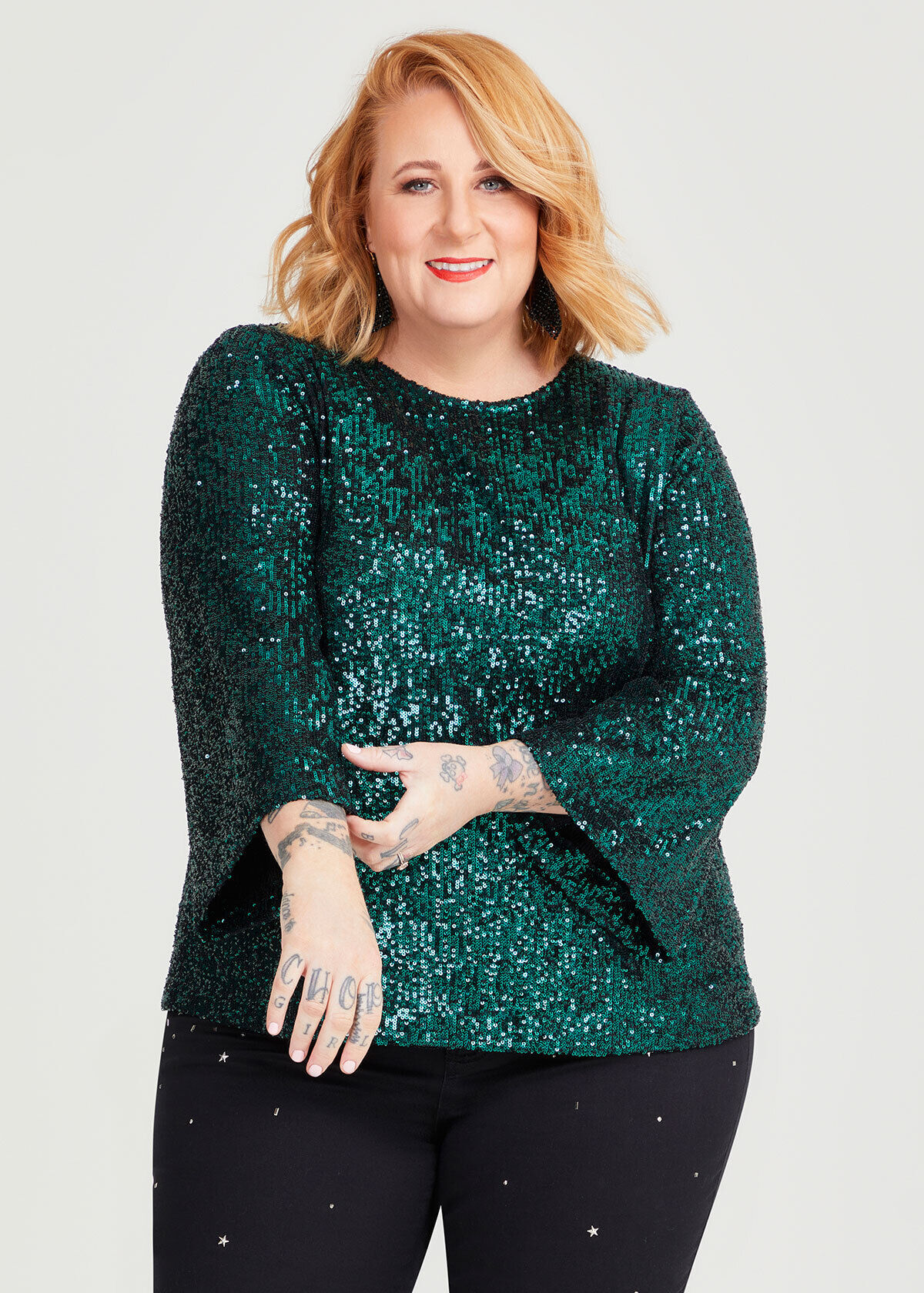 Shop Plus Size Sequin Bell Sleeve Top in Green Taking Shape AU