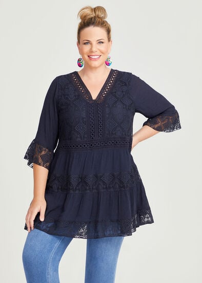 Plus Size Lace Trim Tiered Tunic