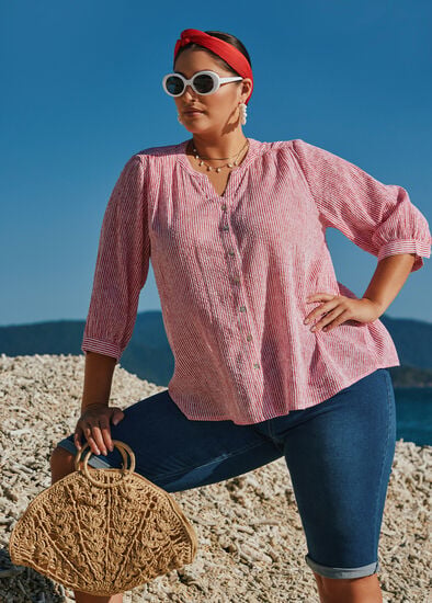 Plus Size Cotton Stripe Button Top