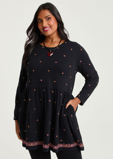 Plus Size Cotton Embroidered Tiered Tunic