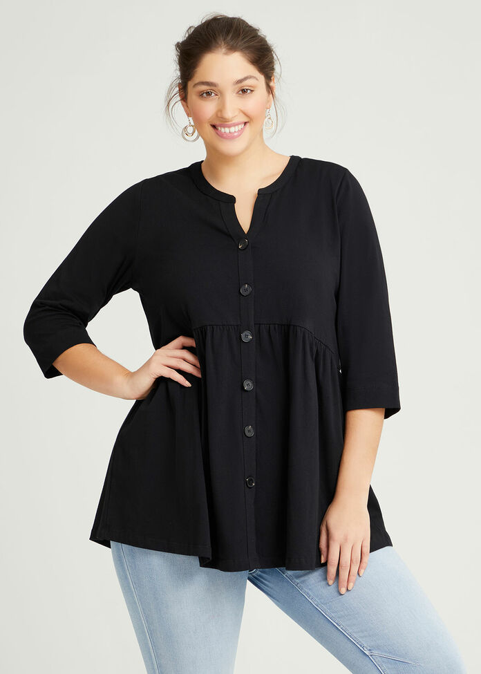 Shop Organic Tiered Button Tunic in Black in sizes 12 to 24 | Taking Shape
