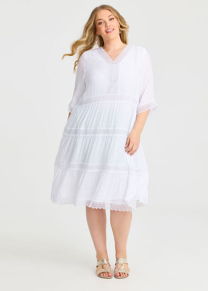 Lace Trim Tiered V-neck Dress, , hi-res