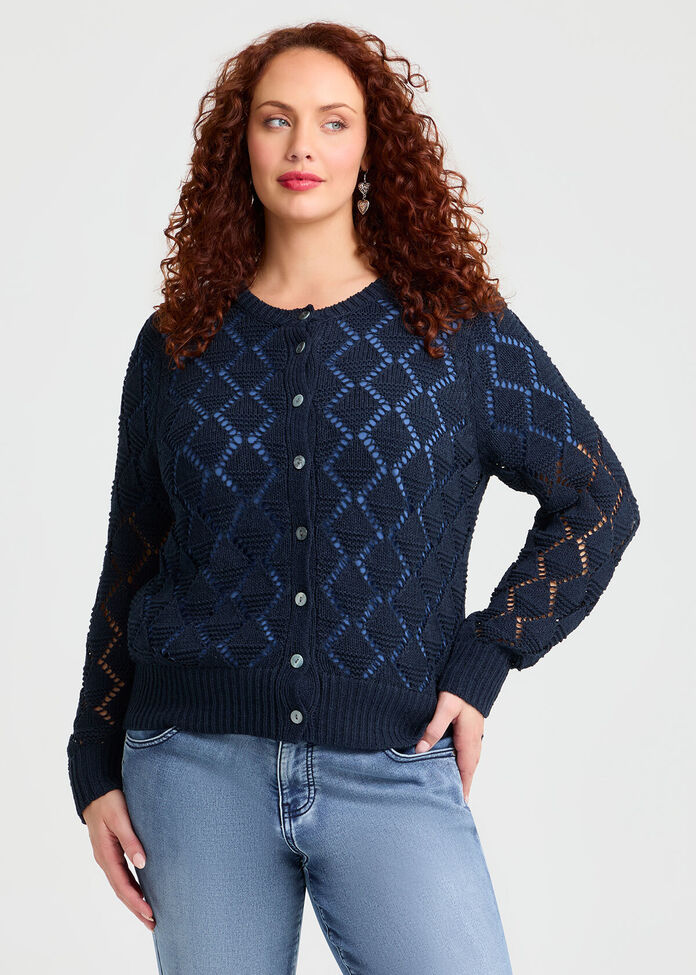 Cotton Blend Open Knit Cardigan, , hi-res