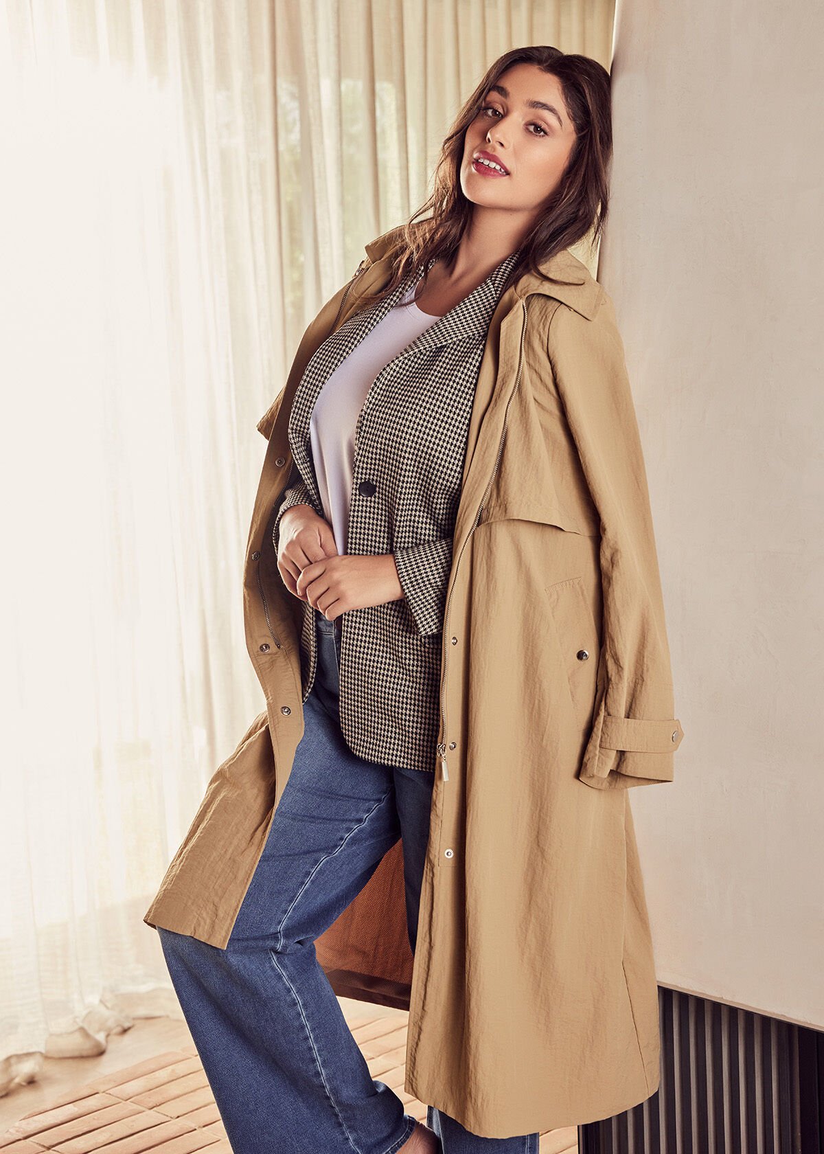 Shop Plus Size Weekend Zip Trench Coat in Black Taking Shape NZ