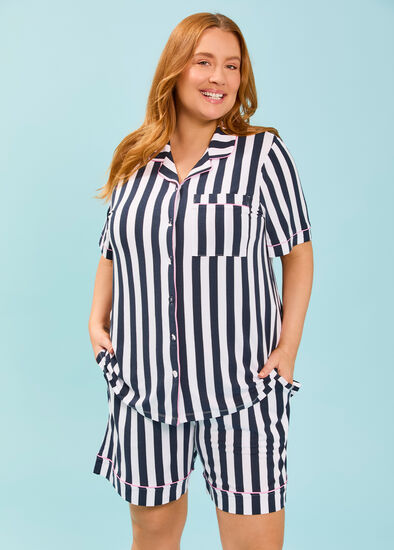 Plus Size Modal Stripe Button Pyjama Top