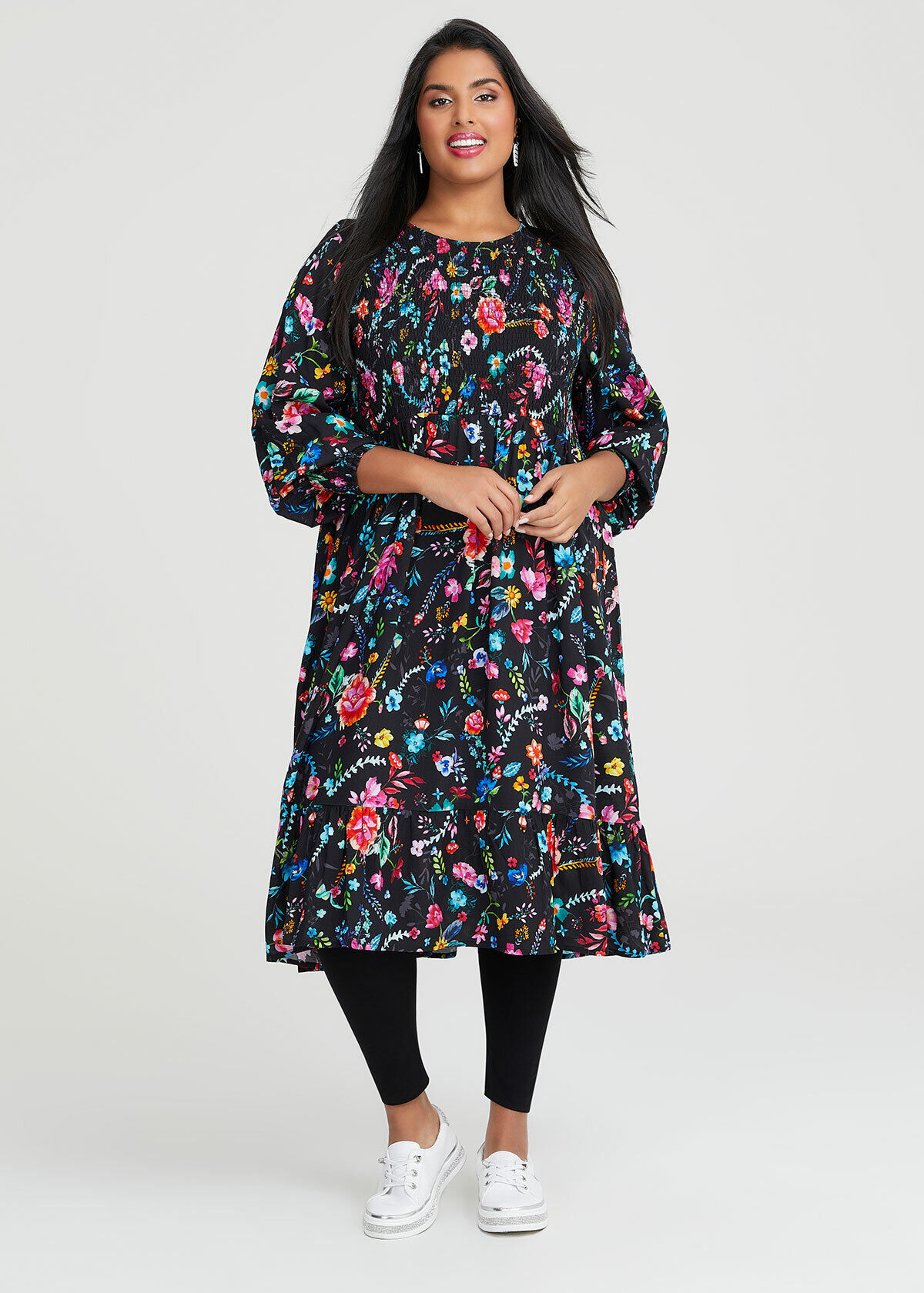 Shop Plus Size Natural Shirred Floral Dress in Multi Sizes 12 30