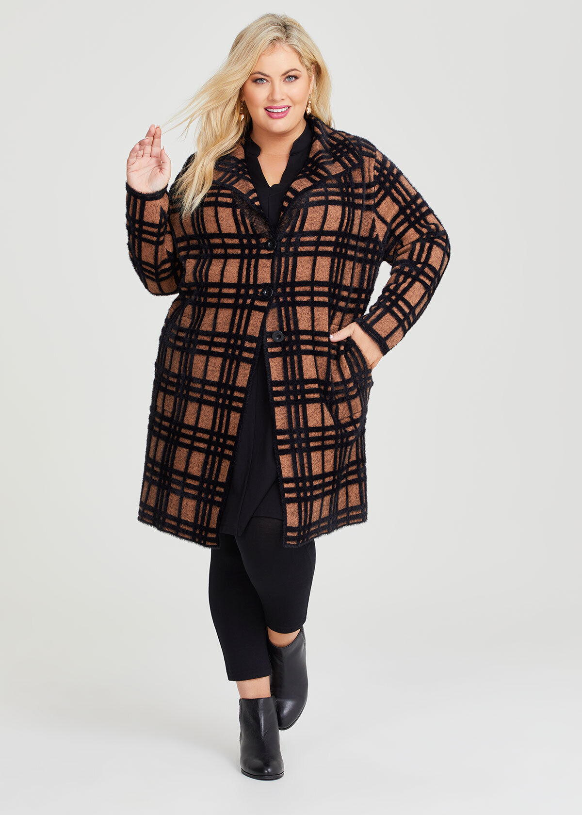 Shop Plus Size Fluffy Check Coatigan in Black Taking Shape AU