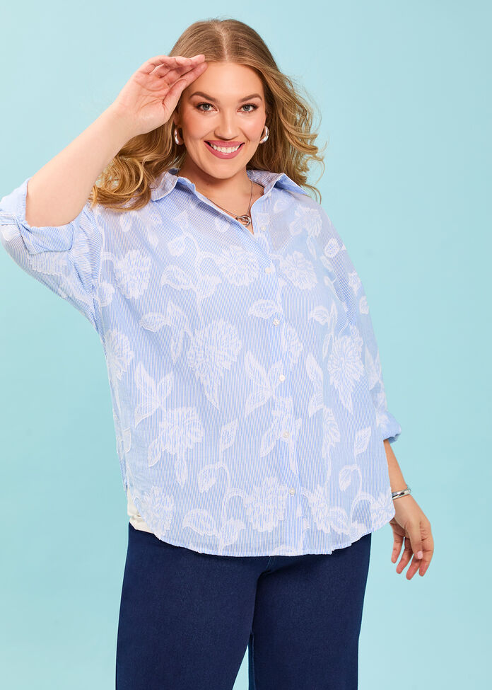 Cotton Floral Stripe Shirt, , hi-res