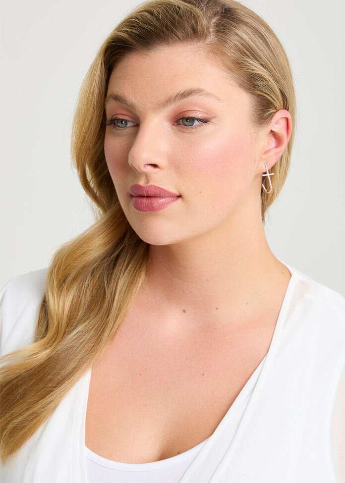 Diamante Cross Hoop Earrings, , hi-res