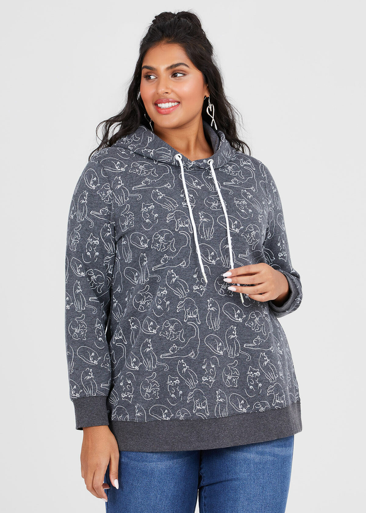 Shop Plus Size Cat Print Hoodie in Print Taking Shape AU