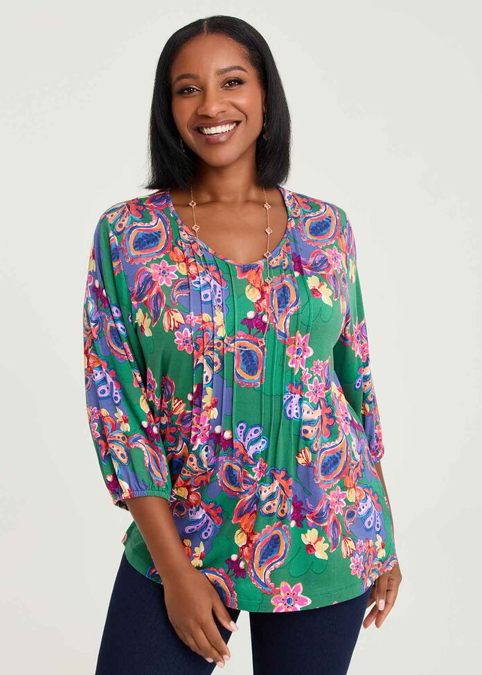 Bamboo Paisley Pintuck Top, , hi-res