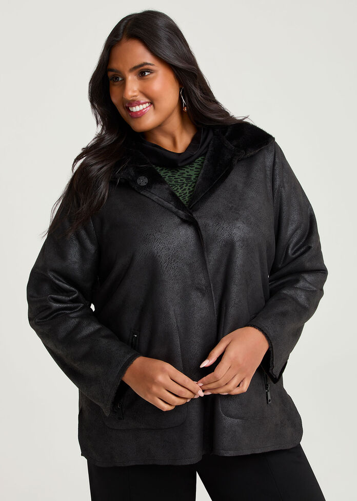 Faux Fur Shearling Jacket, BLACK, hi-res