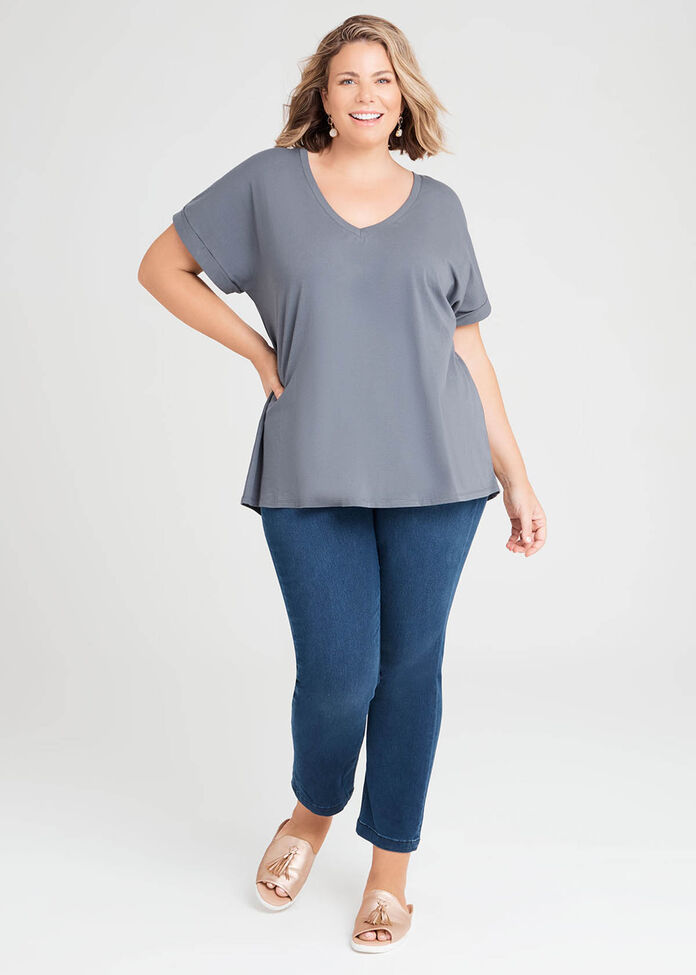 Organic Cuff V-neck Basic Tee, , hi-res
