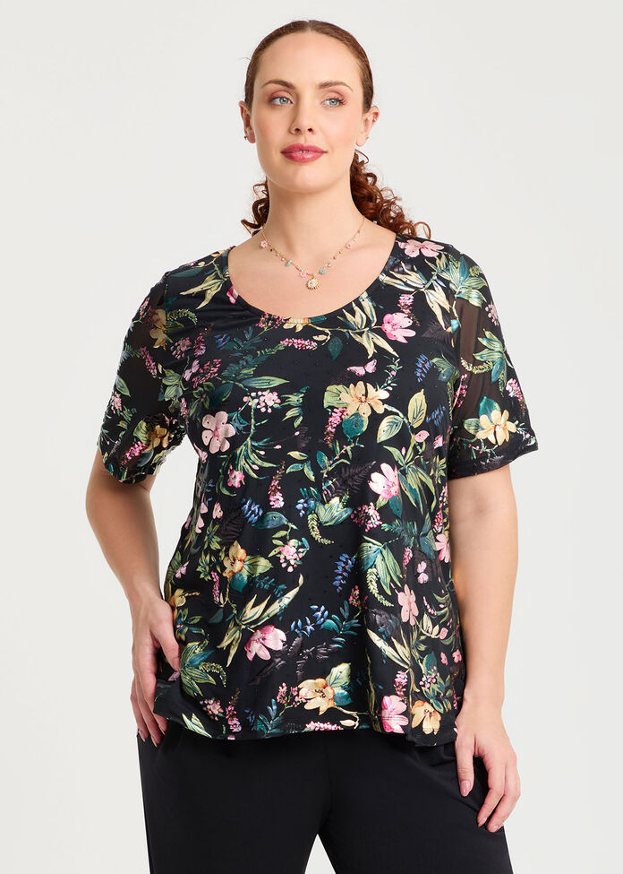 Foil Floral Mesh Top, , hi-res