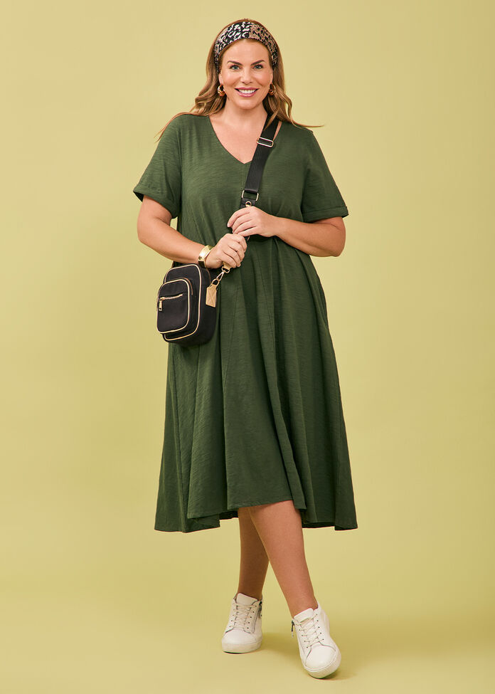 Cotton V-neck Swing Dress, , hi-res