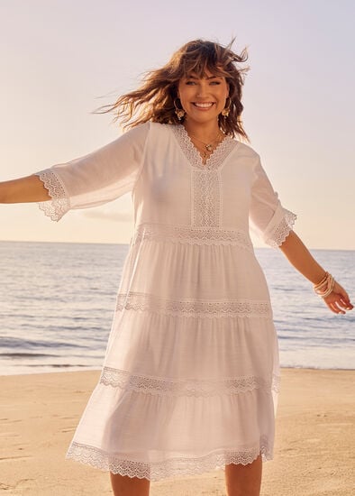 Plus Size Lace Trim Tiered V-neck Dress
