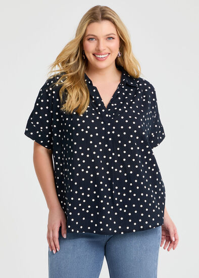 Plus Size Cotton Collared Spot Top