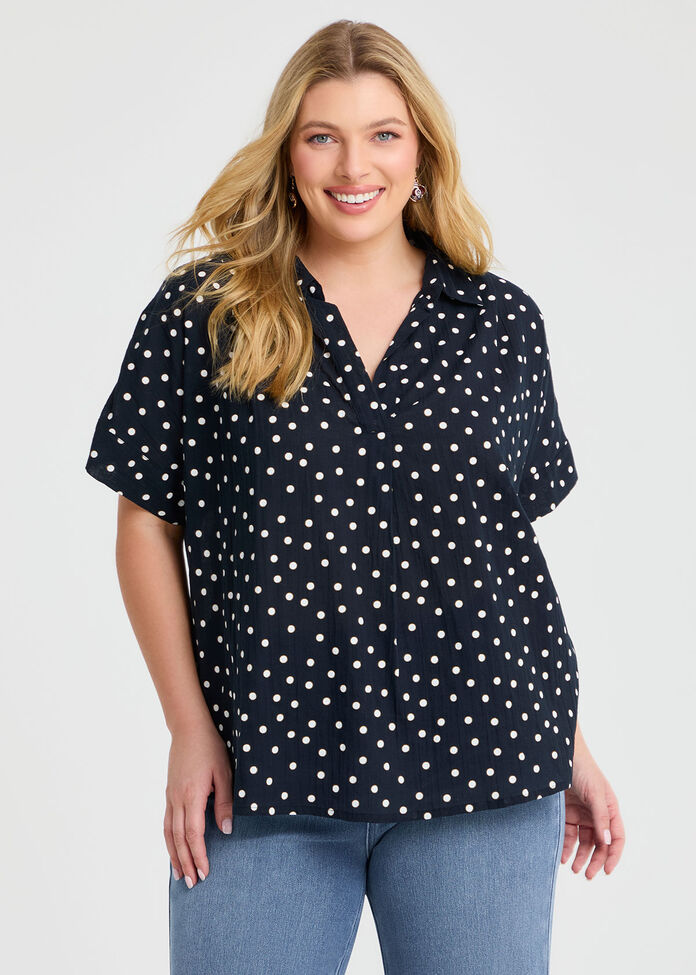 Cotton Collared Spot Top, , hi-res