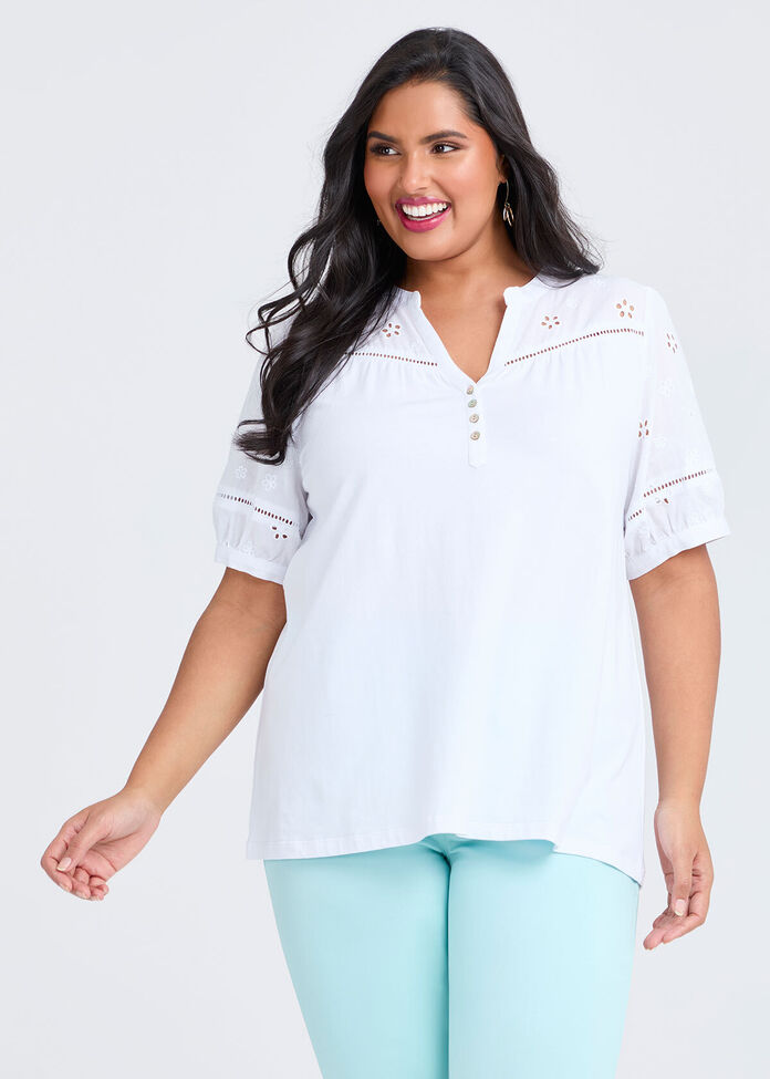 Cotton Broderie Puff Sleeve Top, , hi-res