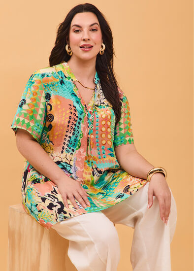 Plus Size Sunshine Tie Neck Natural Tunic