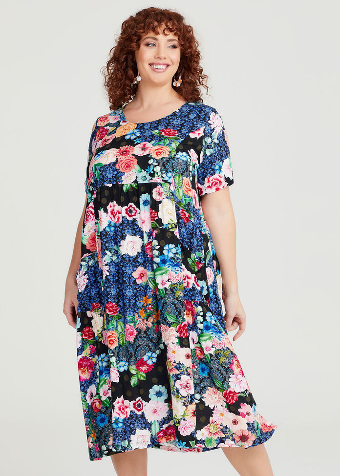 Natural Dark Floral Dress, , hi-res