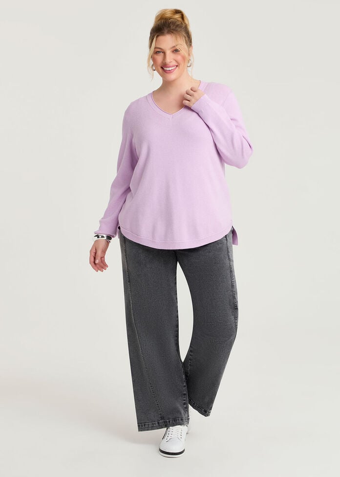 Curved Hem V-neck Jumper, , hi-res