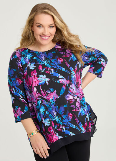 Plus Size Bamboo Flower Burst Chiffon Hem Top