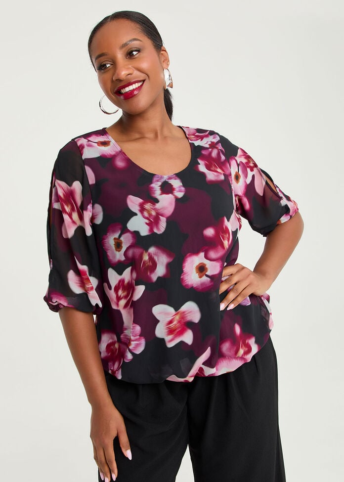 Floral Split Sleeve Chiffon Top, , hi-res