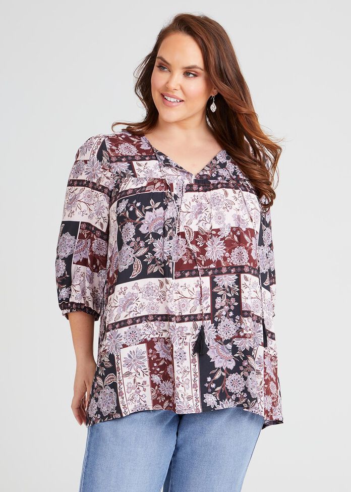 Natural Foulard Print Top, , hi-res