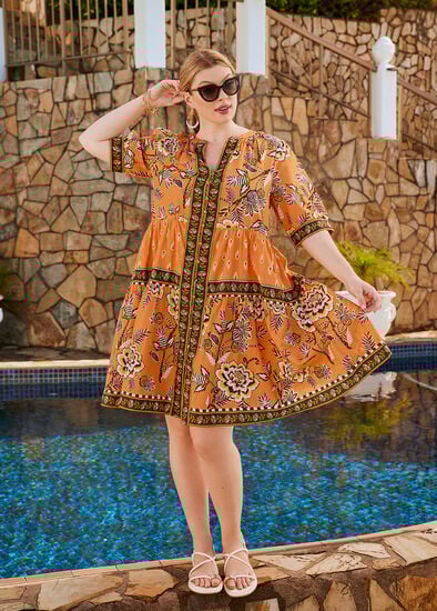 Plus Size Cotton Border Trim Tiered Dress