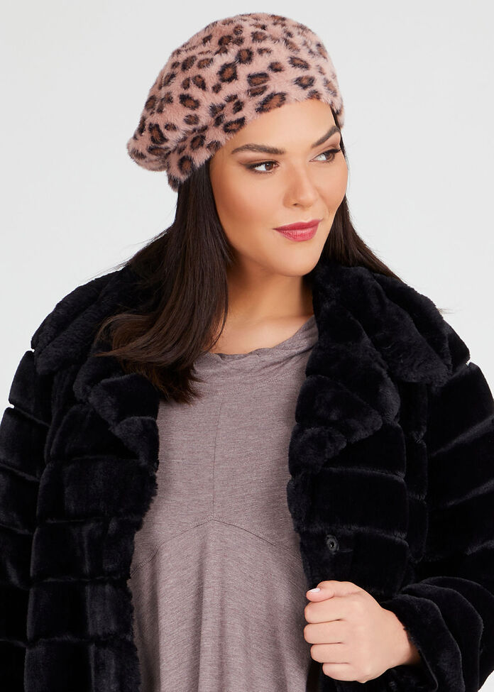 Leopard Fuzzy Beret, , hi-res