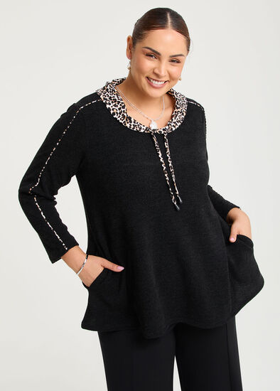 Plus Size Waffle Snug & Leopard Trim Top