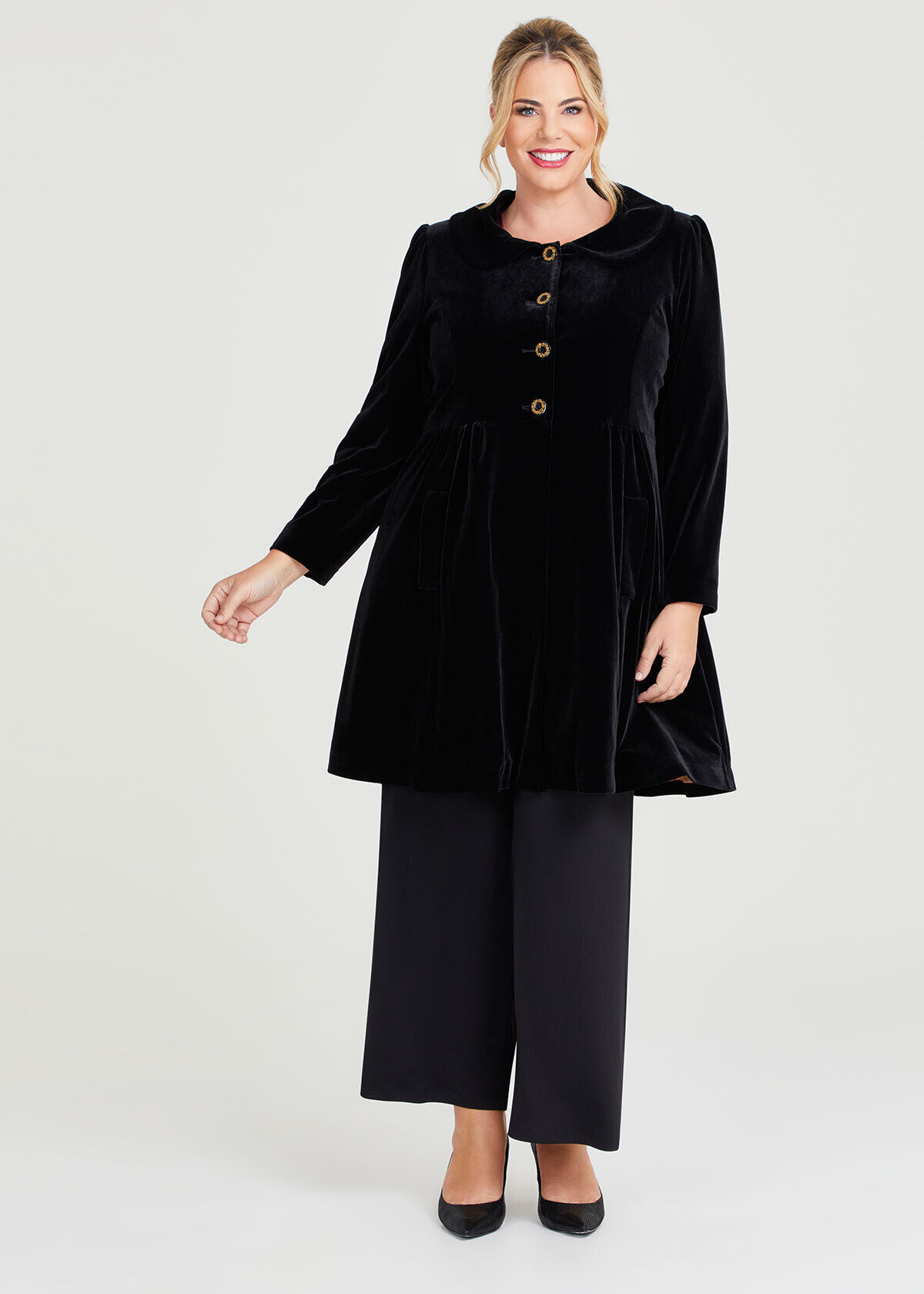 Shop Plus Size Luxe Velvet Coat With Fur Collar in Black Taking Shape AU