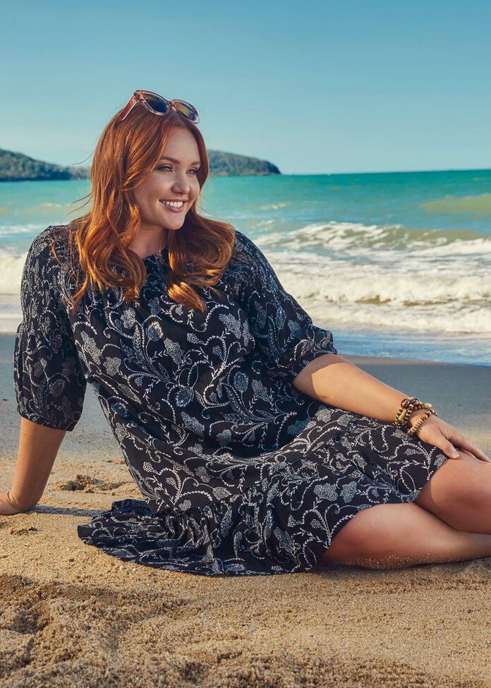 Natural Floral Shirred Dress, , hi-res