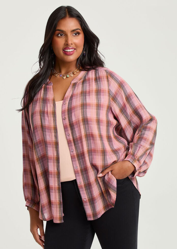 Cotton Check Button Top, CHECK, hi-res