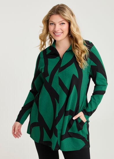 Plus Size Abstract Zip Collar Ponte Tunic