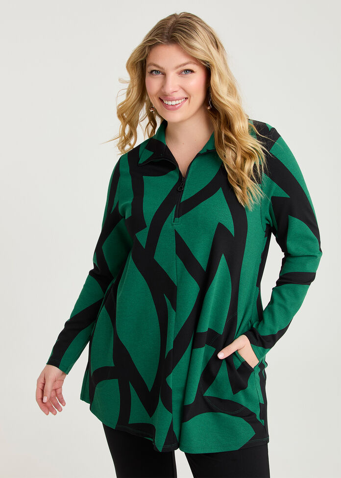 Abstract Zip Collar Ponte Tunic, , hi-res