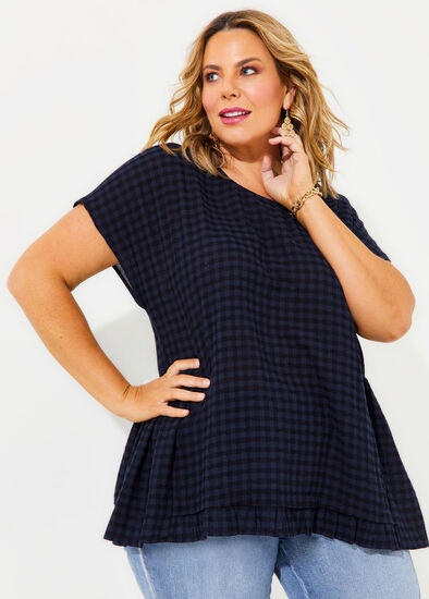 Plus Size Cotton Blend Gingham Frill Top