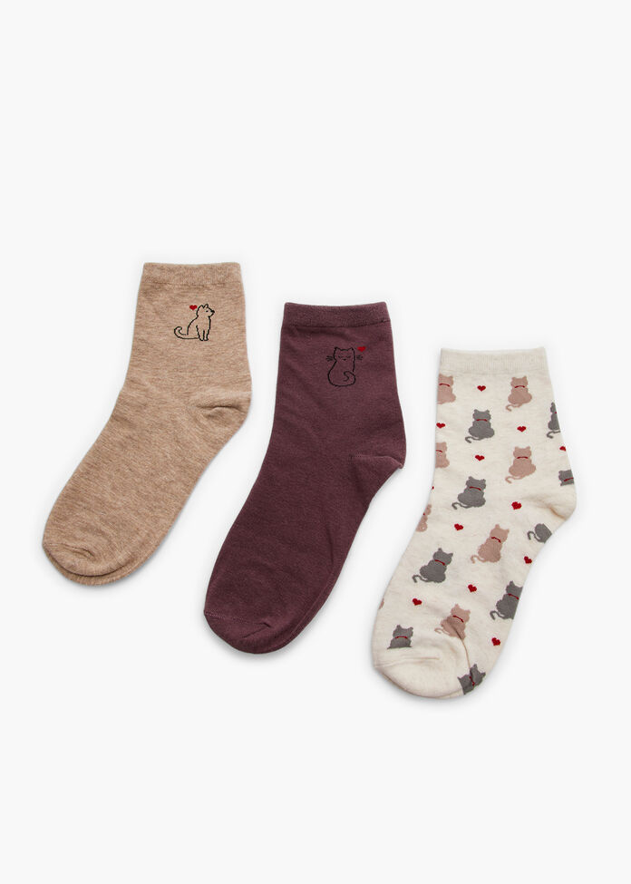 3 Pack Cotton Cat Socks, , hi-res